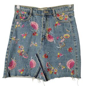 Nylon USA Womens Floral Embroidered Boho Y2K Style Distressed Denim Skirt Small